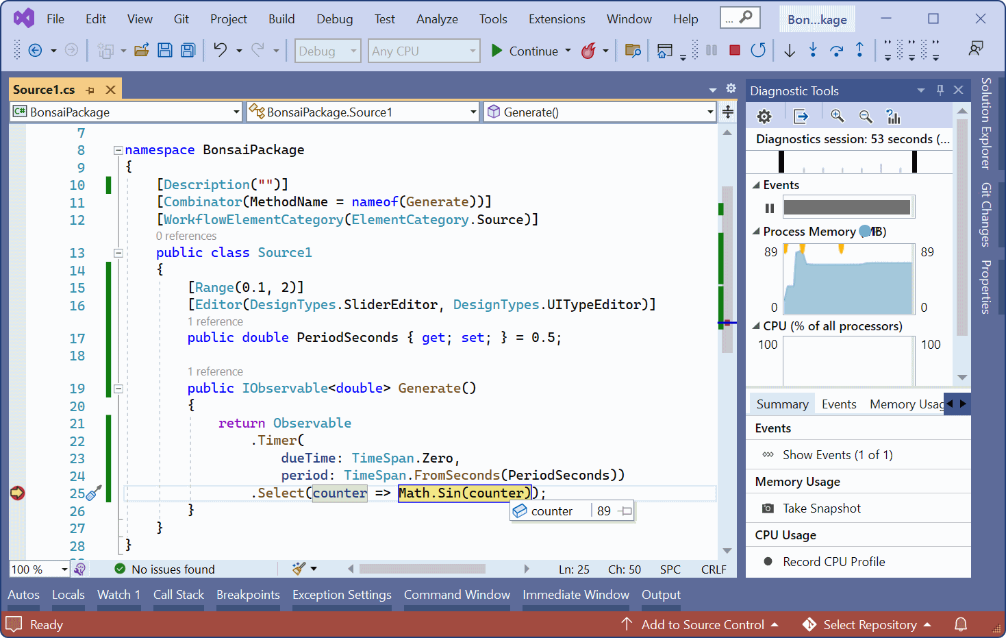 Debugging the sine source