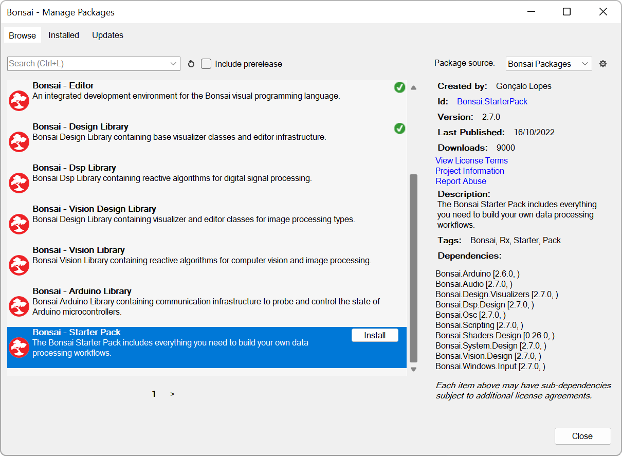 The Bonsai package manager screen